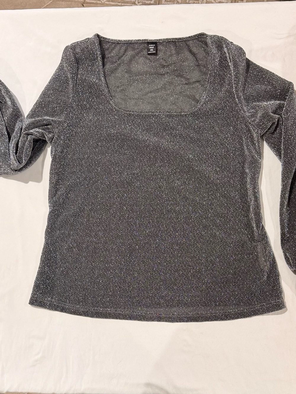 SHEIN Silver Shimmer Long-Sleeve Scoop Neck Top